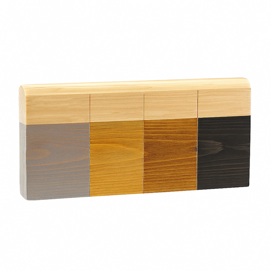 A wooden block displaying the four different exterior sauna stain colours.