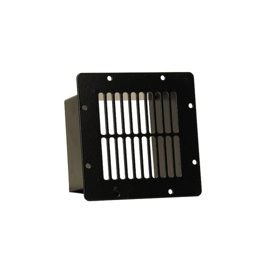 A black, outdoor, metal sauna vent.