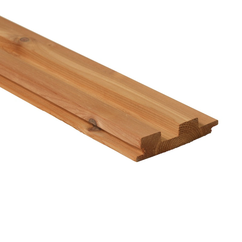 A single, fluted, cedar plank with a lap profile used for sauna siding or finishing.