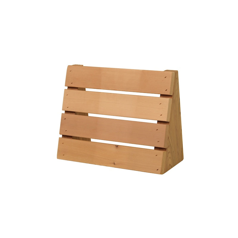 A slatted cedar head rest used in saunas.