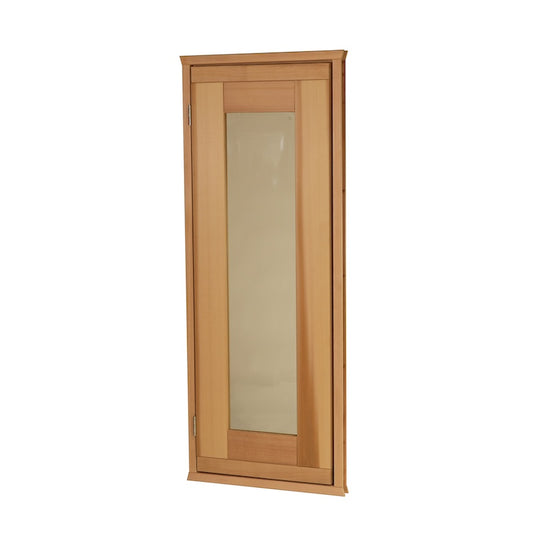 A clear cedar sauna door with a tinted, tempered glass window pane.