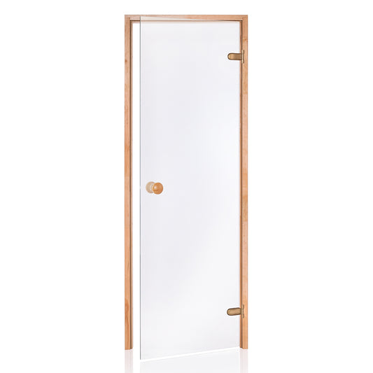 A pre-hung glass sauna door with a natural alder frame, door knob, and clear glass on a white background.