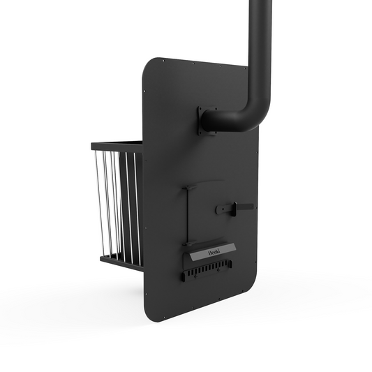 Back of Henki H2 wood burning sauna stove heater with a stainless steel rock cage, chimney, and ash tray.