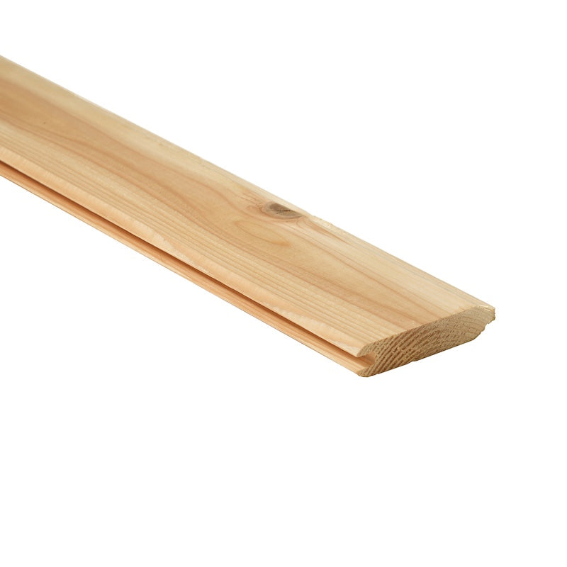 A single knotty cedar tongue and groove 1x4 plank with a v-groove profile used for sauna siding and finishing.