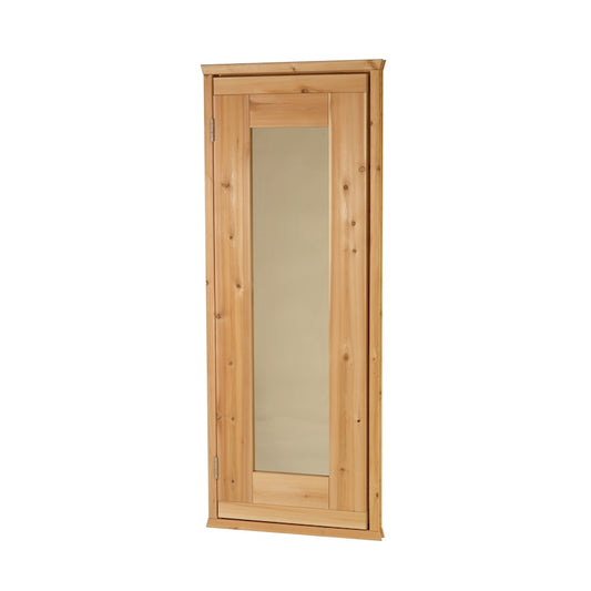 A knotty cedar sauna door with a tinted, tempered glass window pane.