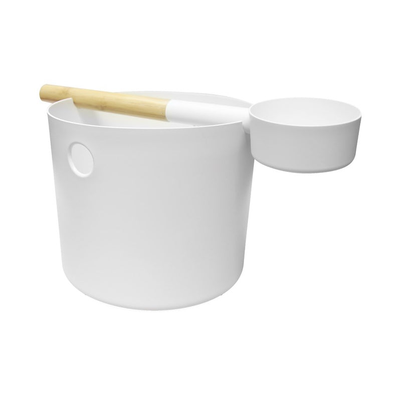 A white sauna bucket and ladle set with a wooden ladle handle.