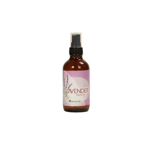 A bottle of lavender essential oil used to enhance the sauna experience with aroma.