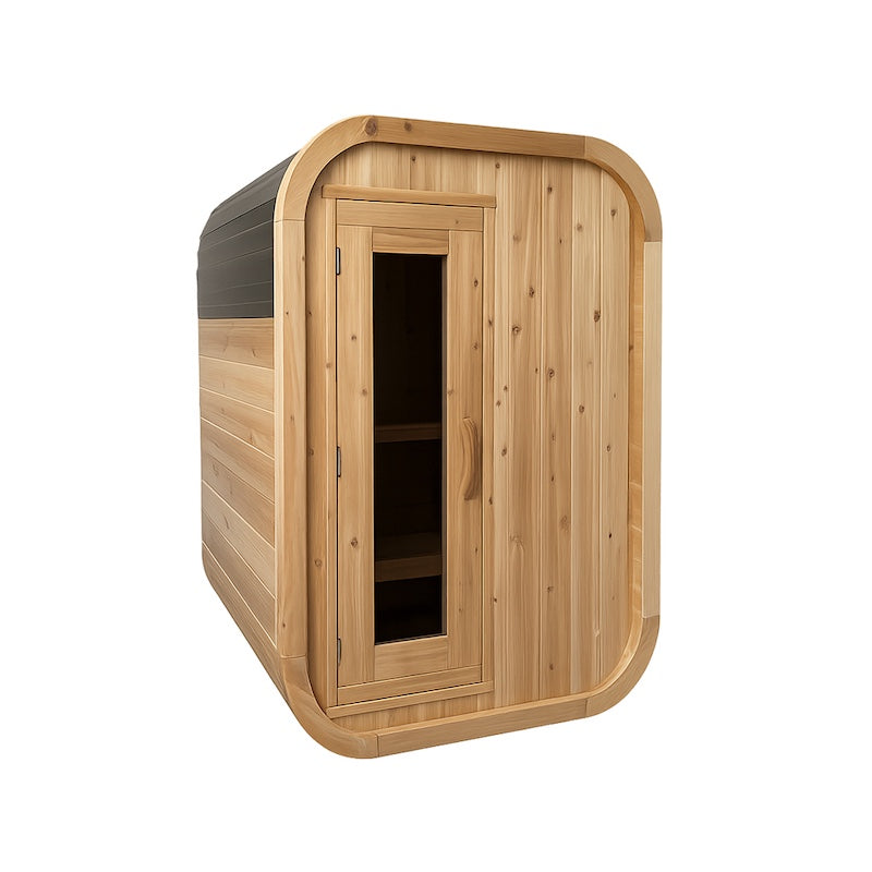 A small, modern, outdoor, cedar cube sauna made with a glass door.