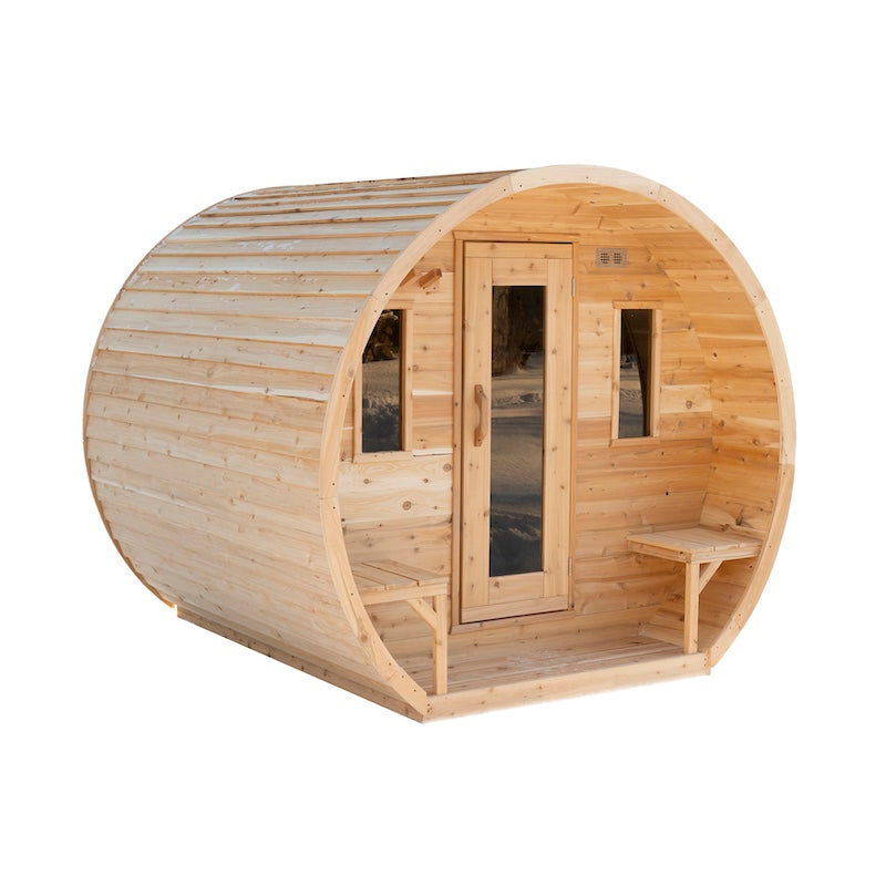 A modern, outdoor, cedar barrel sauna with a flat bottom, two windows, a glass door and a two-bench porch.