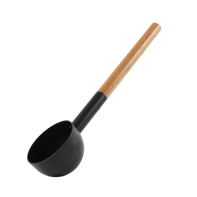 A black sauna ladle with a wooden handle.