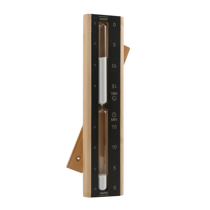 A black, wooden sand timer used to track sauna session times.