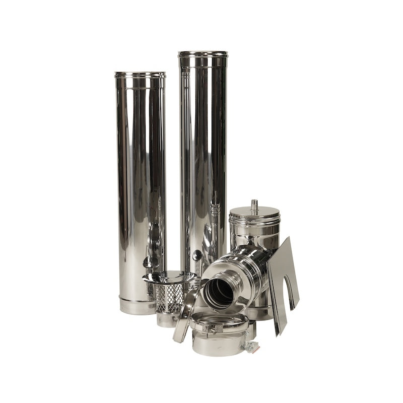 A set of chimney pieces used for wood-burning sauna stoves that have a chimney through the sauna wall.