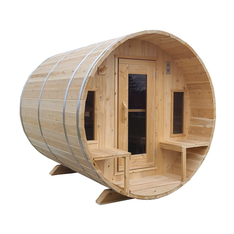 An outdoor cedar barrel sauna with two windows, a glass door, and a porch.