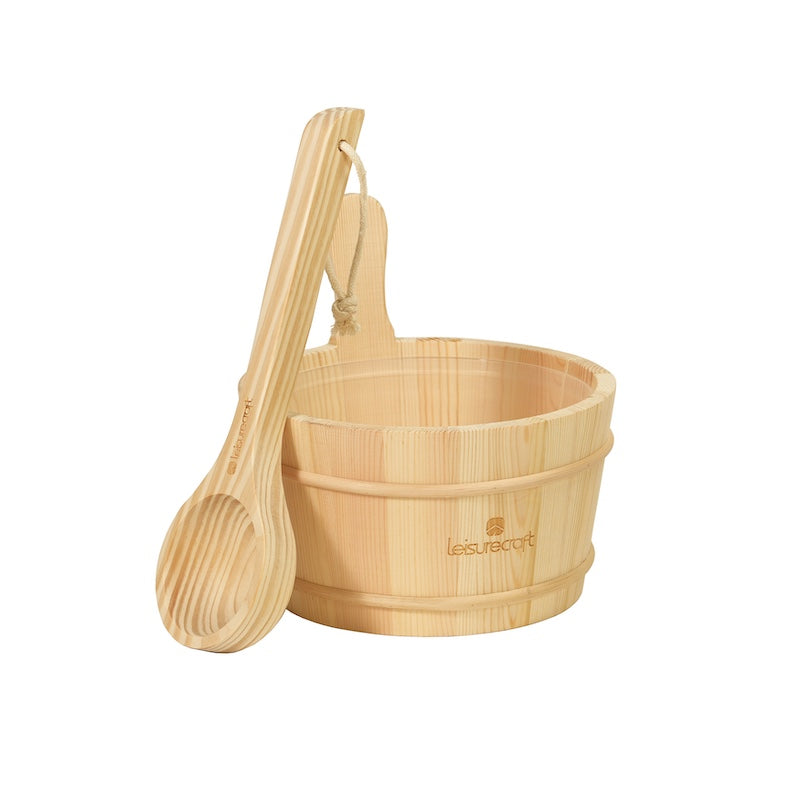 A traditional wooden sauna bucket and ladle set.