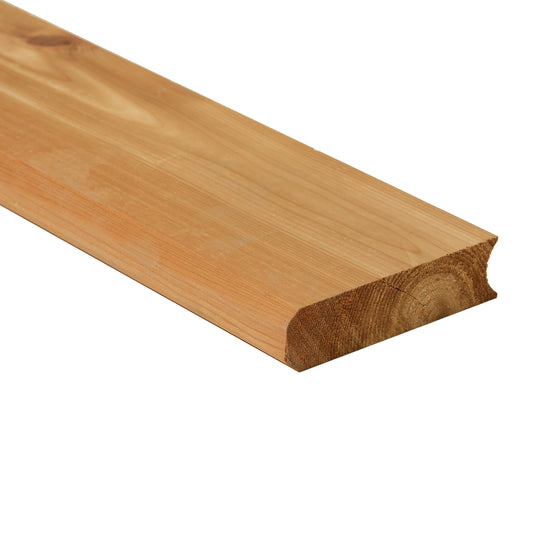 A single knotty cedar bead and cove 2x6 plank with used for structural barrel sauna walls. 