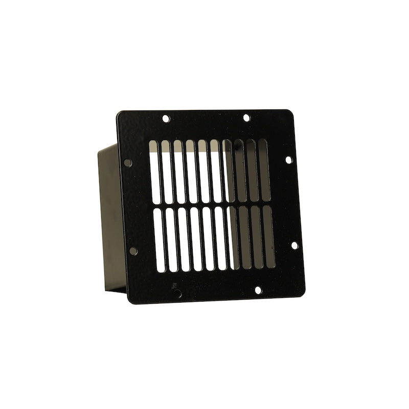 A black, outdoor, metal sauna vent.