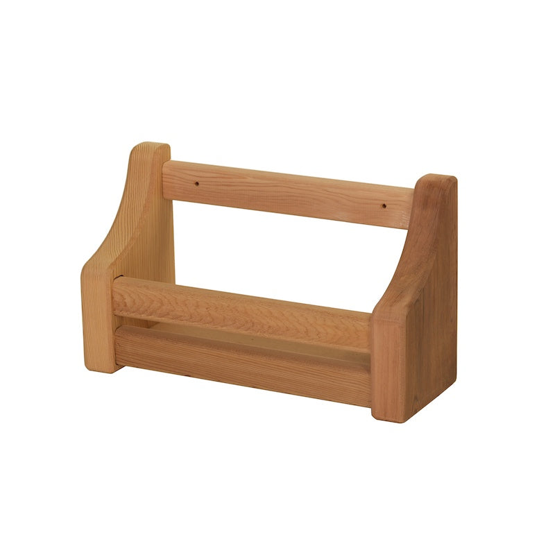 A cedar bottle shelf used to hold water bottles in a sauna. 