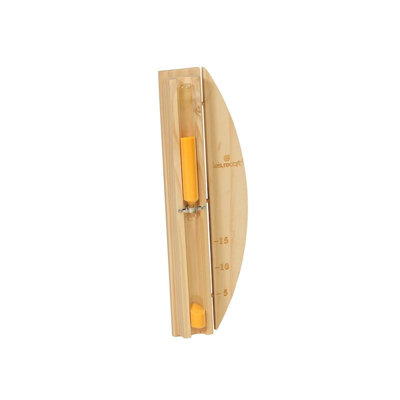 A cedar sand timer used to track sauna session times. 