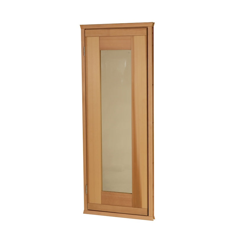 A clear cedar sauna door with a tinted, tempered glass window pane. 