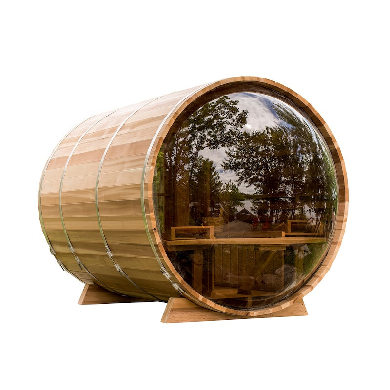 A Henki Custom Barrel Sauna on a white background.