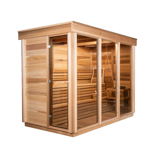 A Custom Pure Cube Sauna from Henki on a white background.