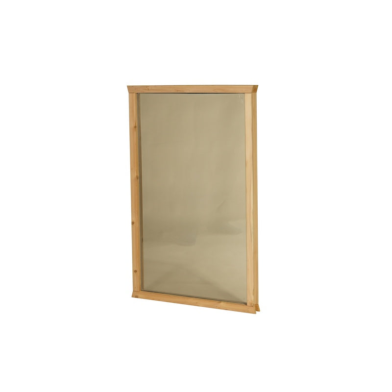 A tinted, tempered, and insulated sauna window pane in a cedar frame. 