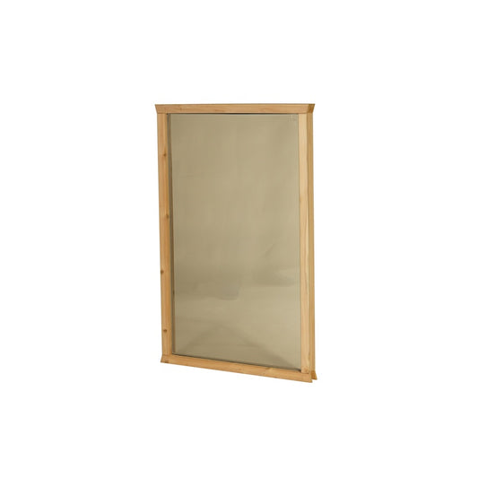 A tinted, tempered, and insulated sauna window pane in a cedar frame. 