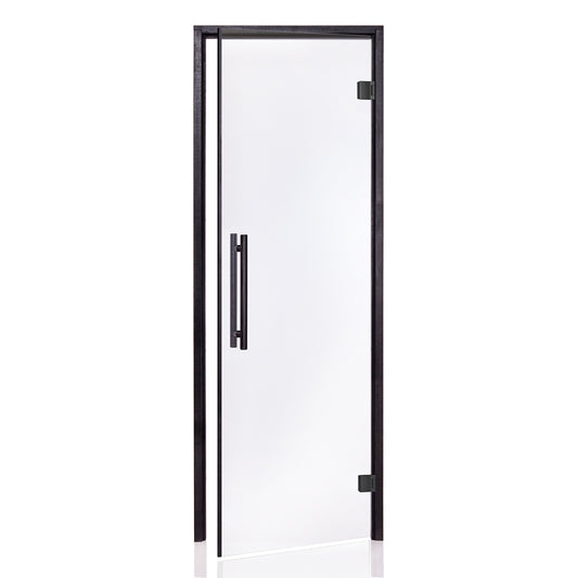 A pre-hung glass sauna door with a black alder frame, black door pull, and clear glass on a white background.