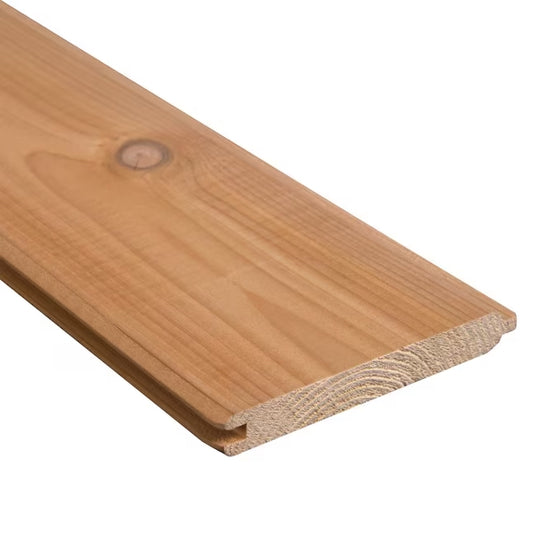 A single knotty cedar tongue and groove 1x6 plank with a v-groove profile used for sauna siding and finishing. 