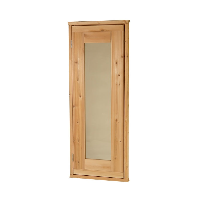 A knotty cedar sauna door with a tinted, tempered glass window pane. 
