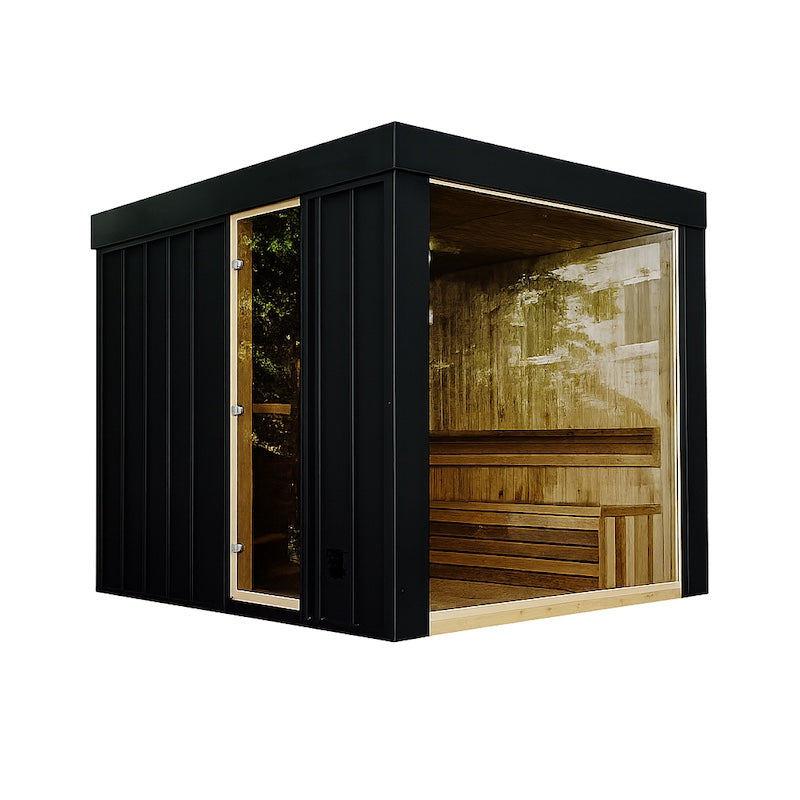 A Pure Cube Neptune Sauna from Henki on a White Background.