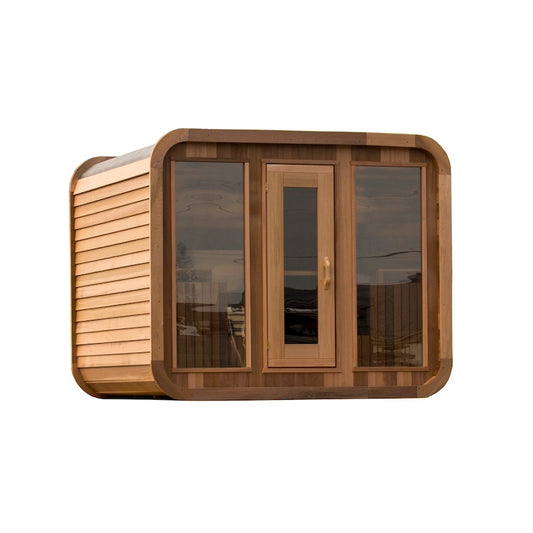 A Henki Panoramic Cube Sauna on a white background. 