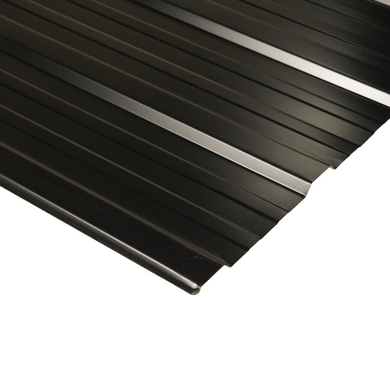 A black, metal, corrugated, steel roof pane used for sauna roofs. 