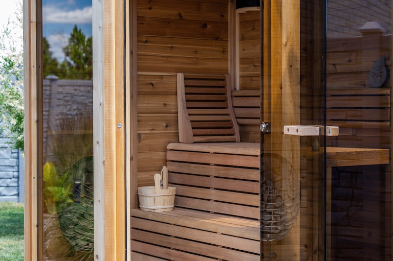 Inside the Pure Cube Trinity Sauna as seen through the front door.